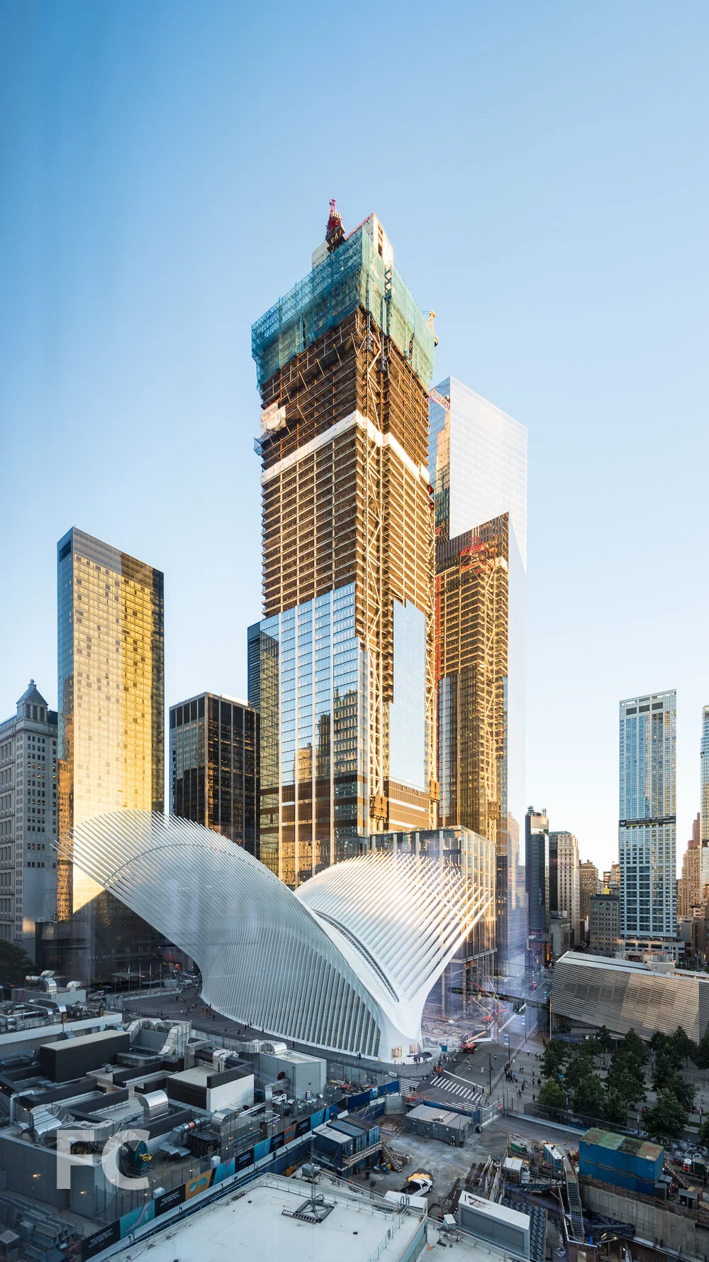 World Trade Center Transportation Hub (foreground), 3 World Trade Center (center), and 4 World Trade Center (background).