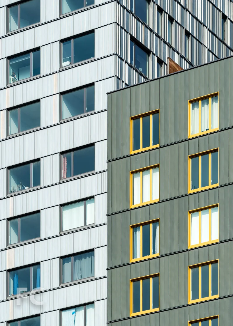 Close-up of the zinc façade.