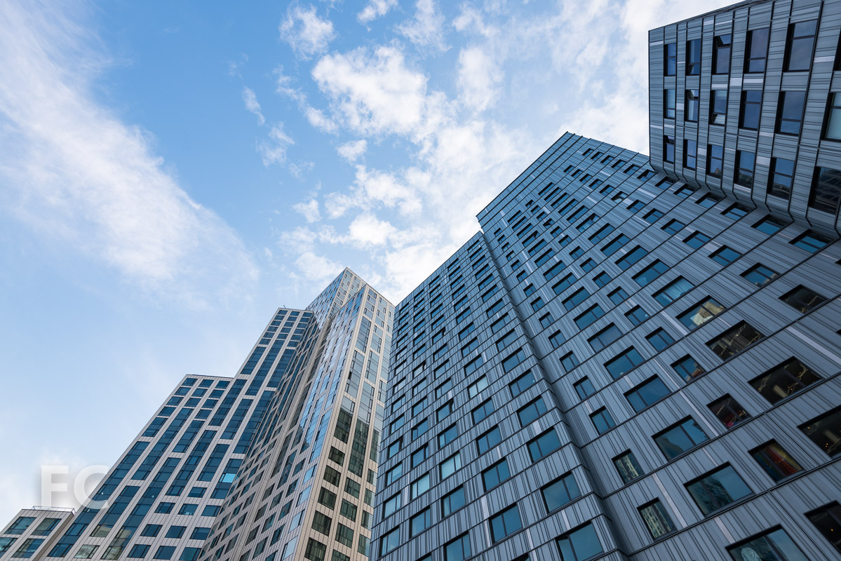 Looking up at 7 DeKalb and City Tower from the lower residential terrace.