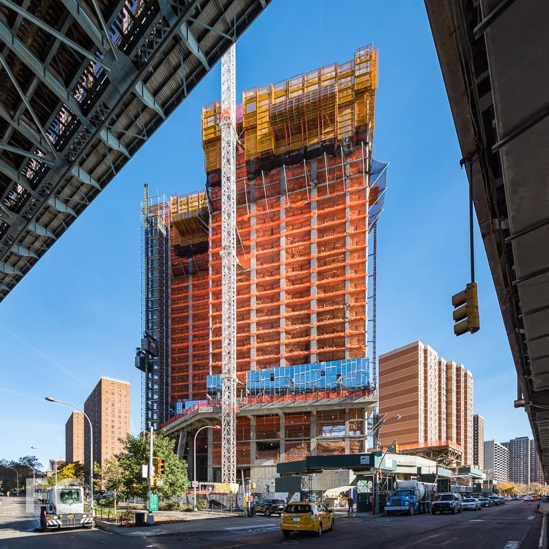 Curtain wall installation ongoing at the west facade.