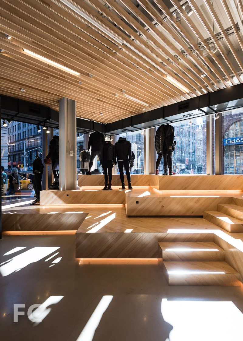 Seating at the Nike store entrance.