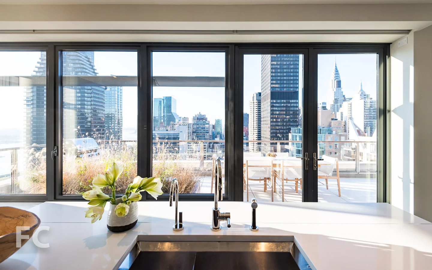 Looking out onto the private terrace from the kitchen.