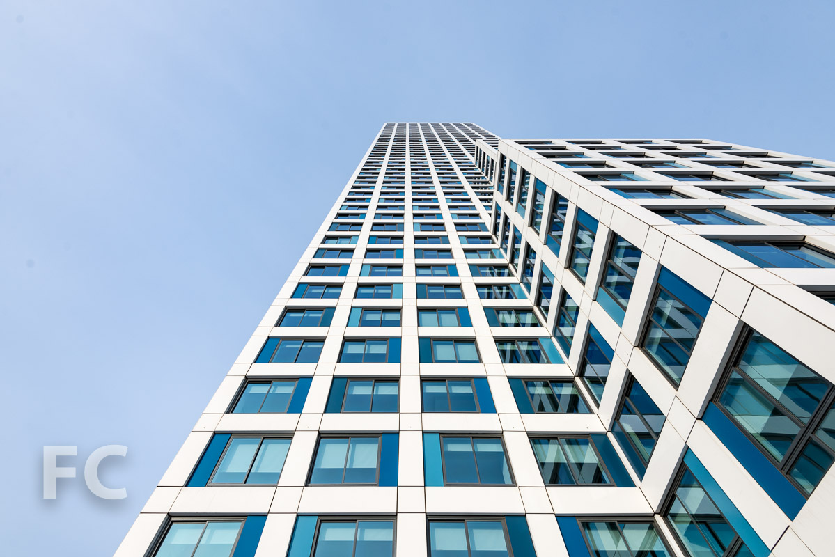 Looking up at the east facade of the tower from the sundeck.