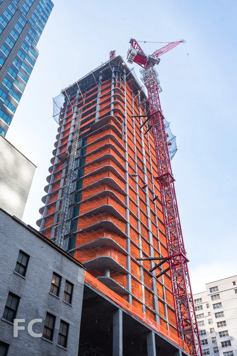 Looking up at the northeast corner of the tower from West 53rd Street.