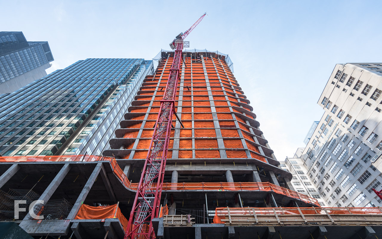 Looking up at the north facade of the tower from West 53rd Street.