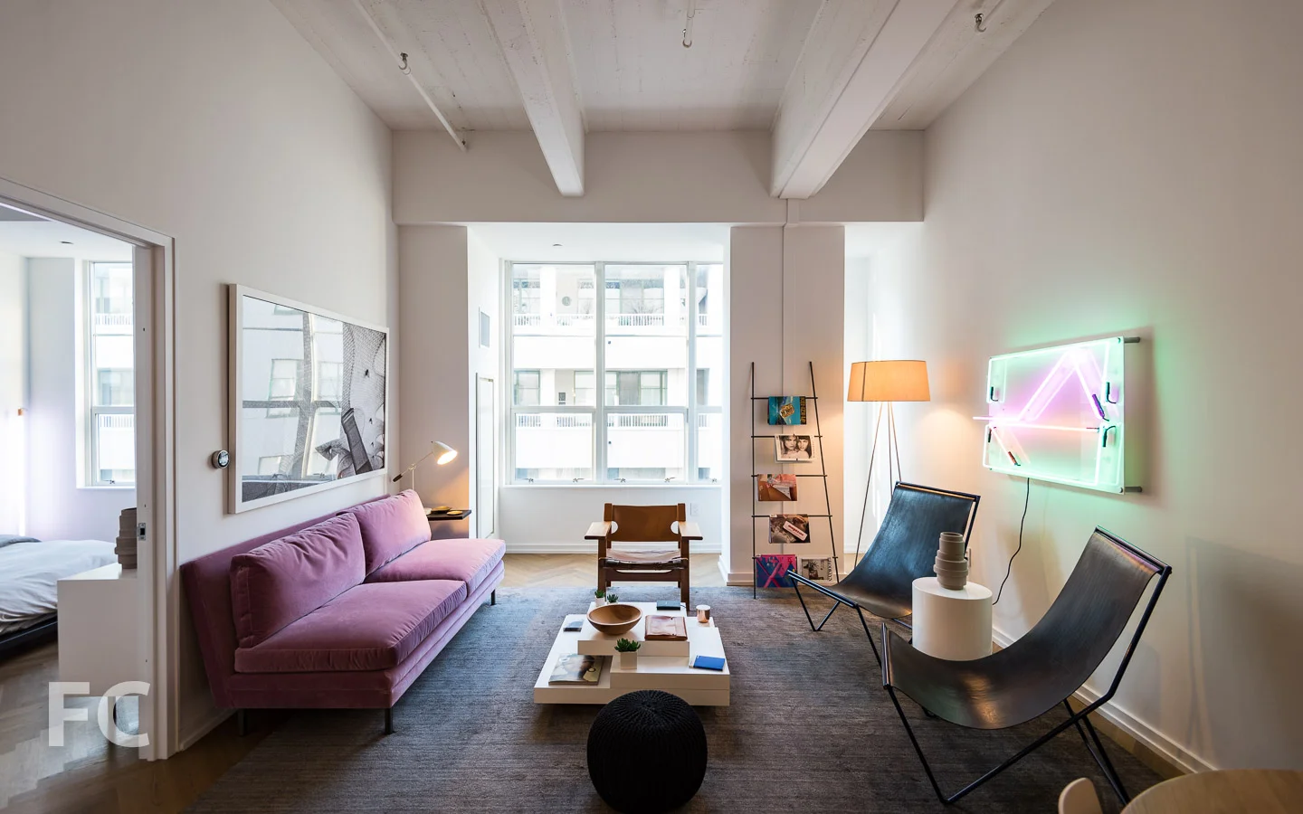 Living room in a courtyard-facing unit.
