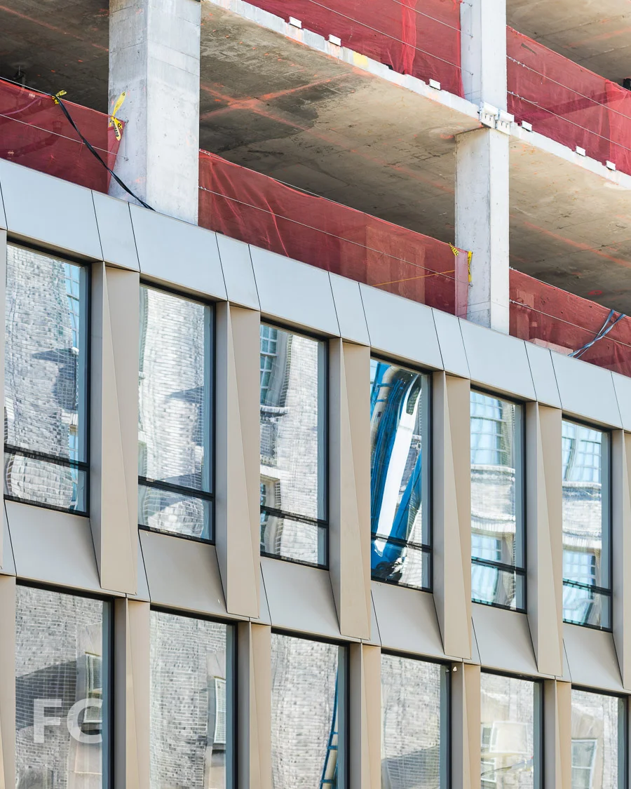 Close-up of the curtain wall panels on the south facade.