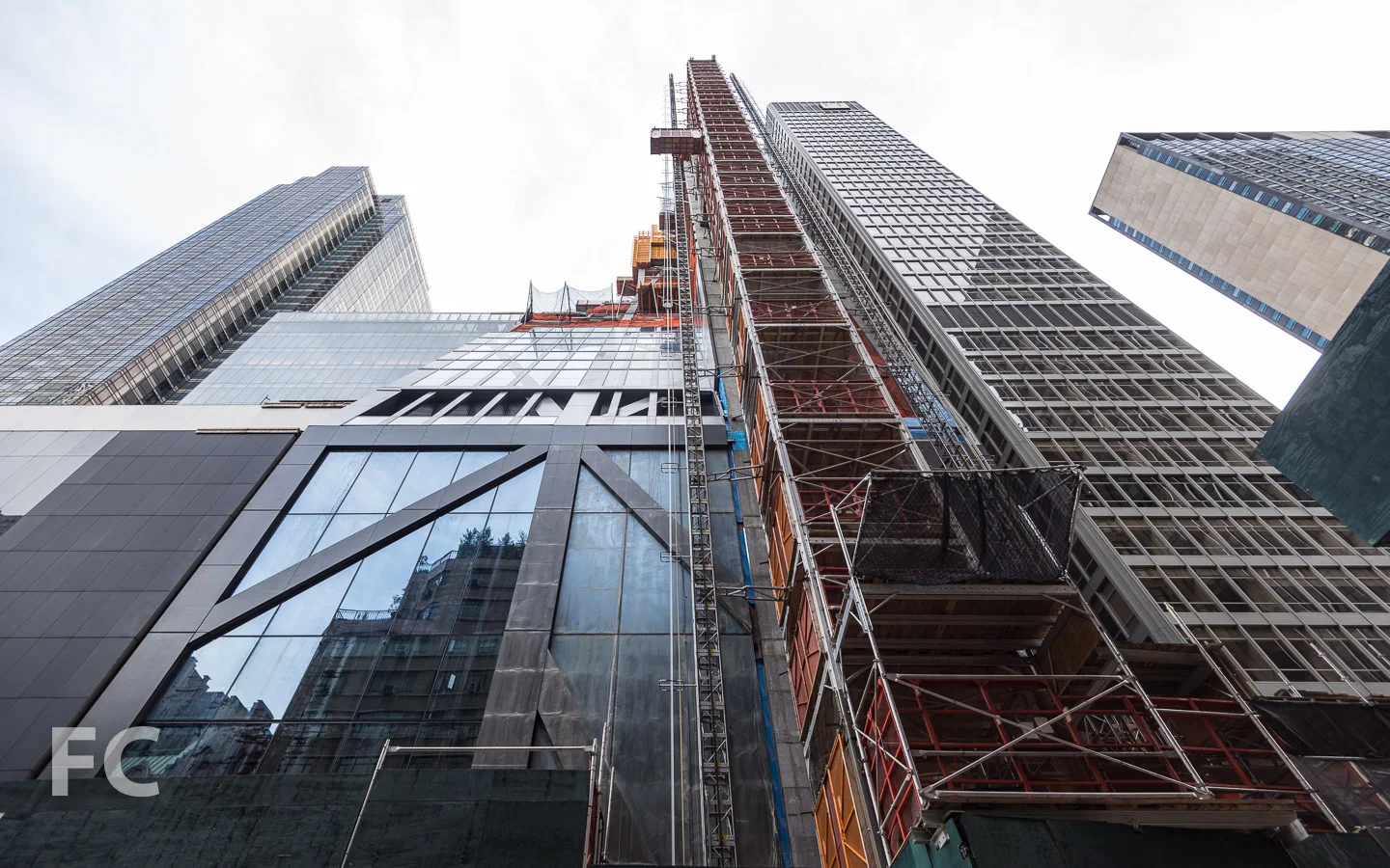 Looking up at the north façade at West 54th Street.