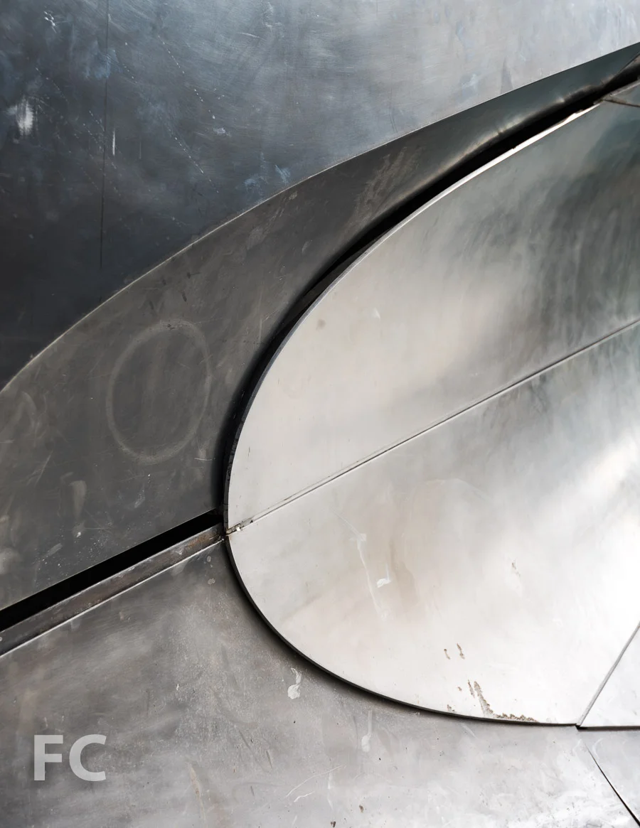 Close-up of the residential entry metal facade.