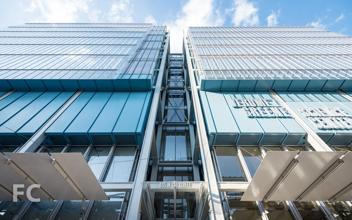 Looking up at the south façade of the Science Center.