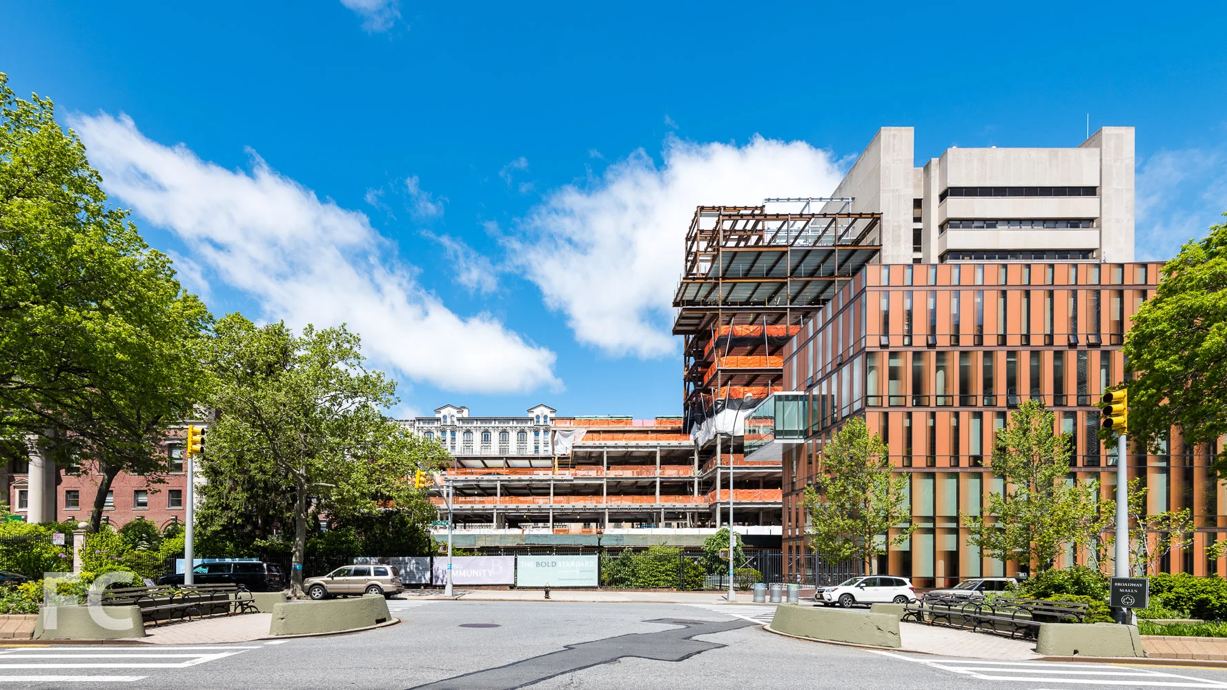 East façade of The Milstein Center (center) and The Diana Center (right) from Broadway.