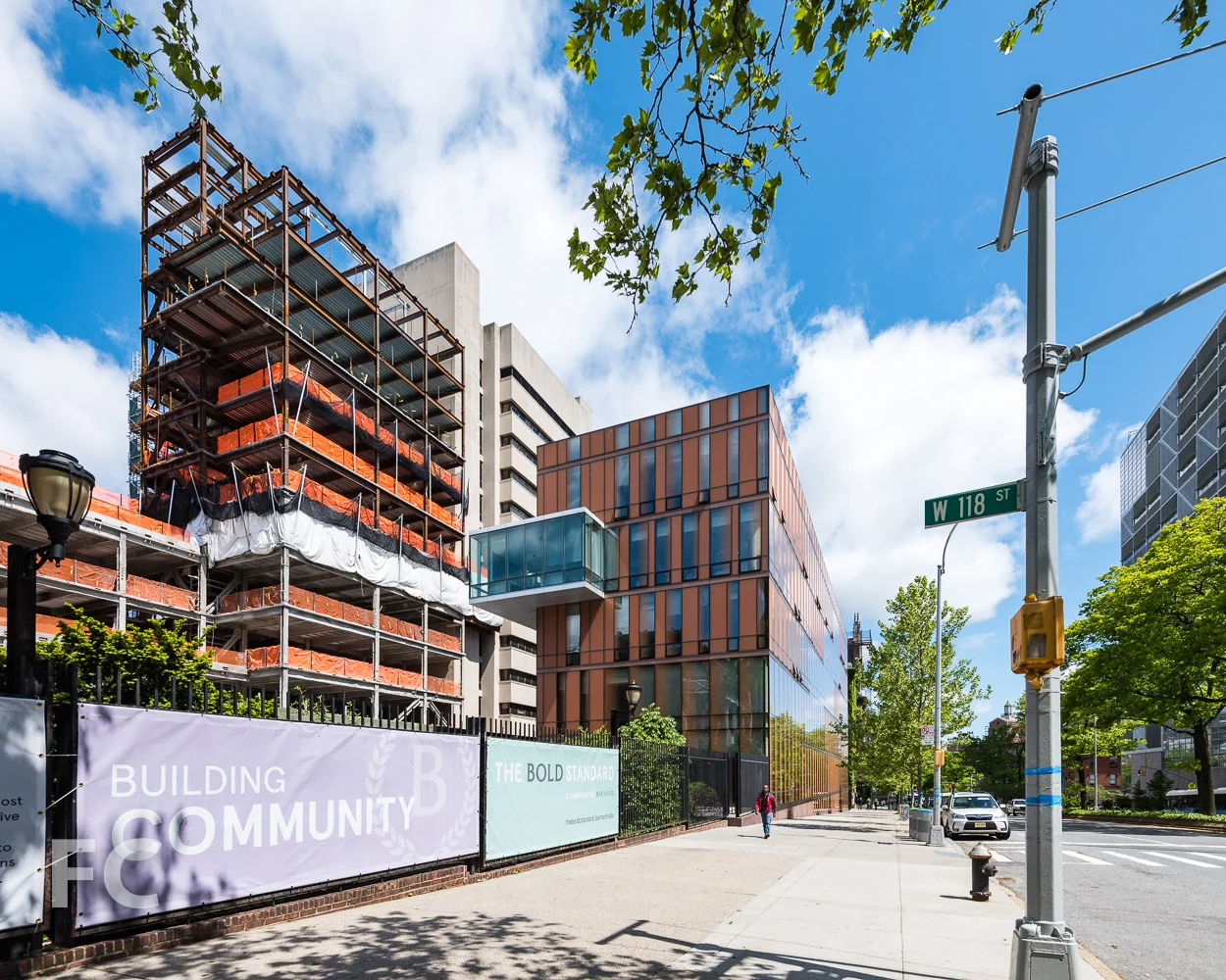 Southeast corner of The Milstein Center (left) and The Diana Center (center) from Broadway.