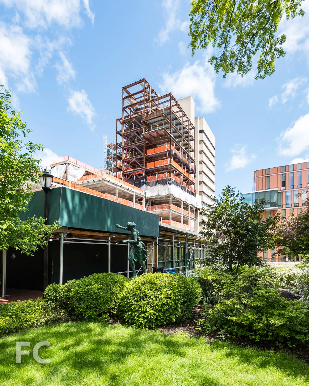 Southeast corner of The Milstein Center (left) and The Diana Center (center) from Lehman Lawn.