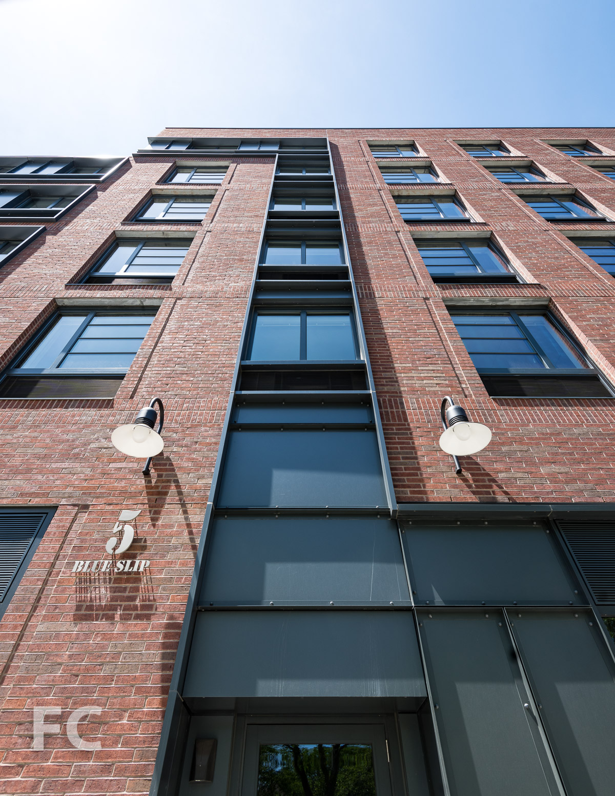 Looking up at the south façade.