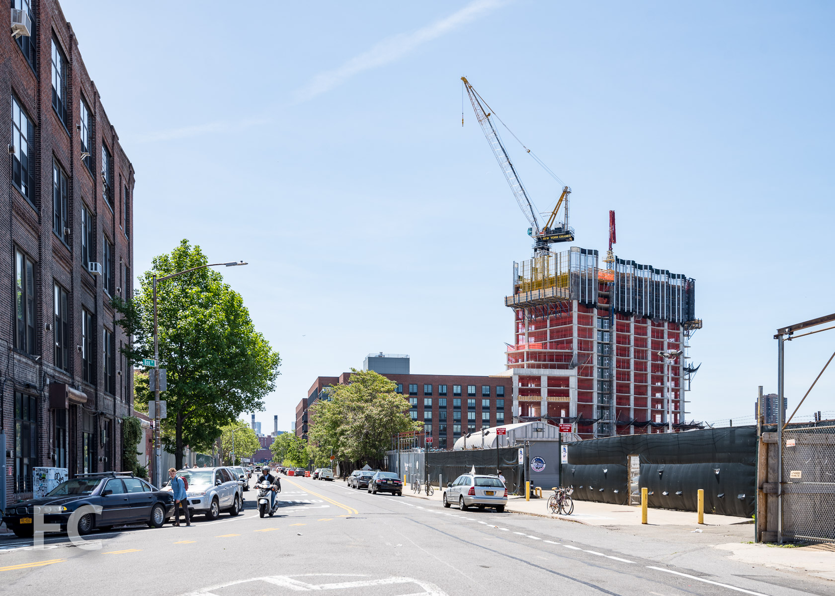 Looking southwest on Commercial Street towards 7 Bell Slip (center) and 37 Blue Slip (right).