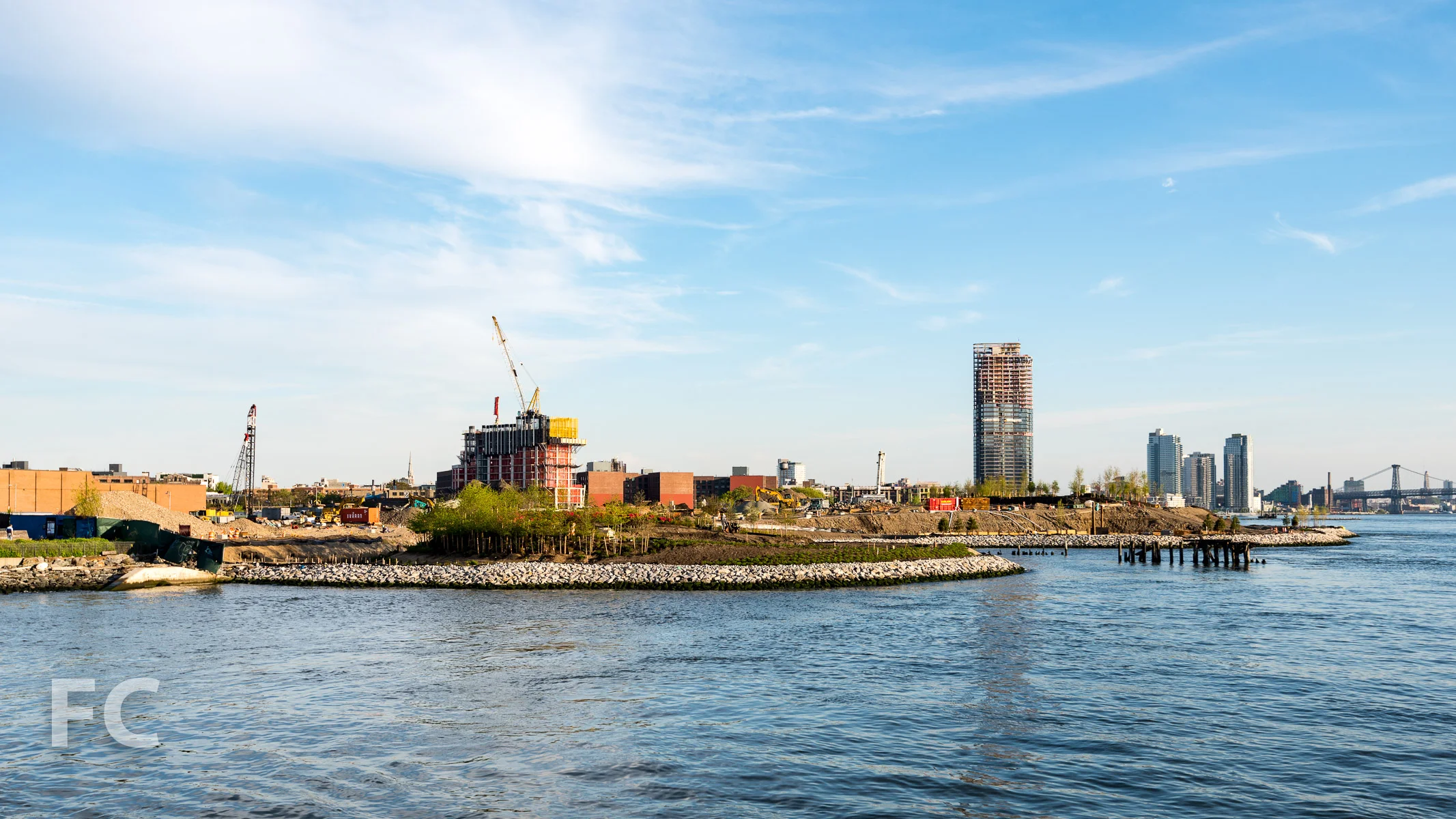 Looking south towards Greenpoint Landing, with the landscape of Hunters Point South in the foreground.