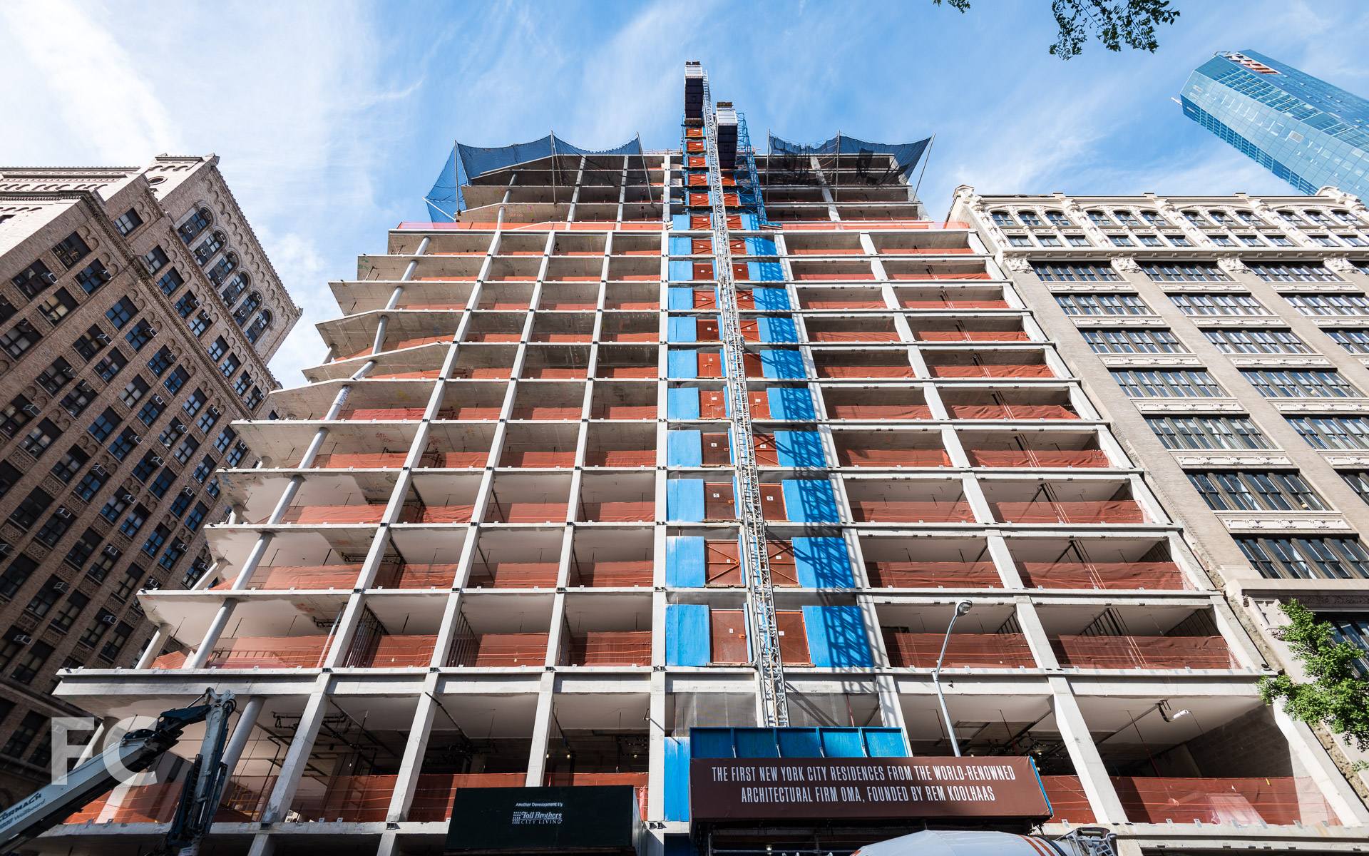 Looking up at the north façade of the north tower from East 23rd Street.