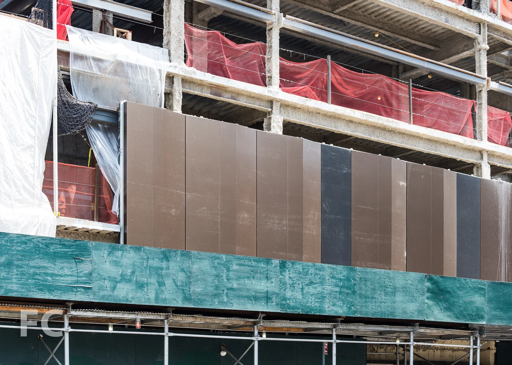 Close-up of the metal façade panels.