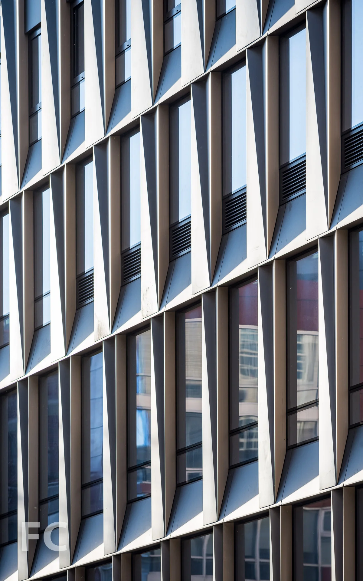Close-up of the curtain wall panels on the south façade.