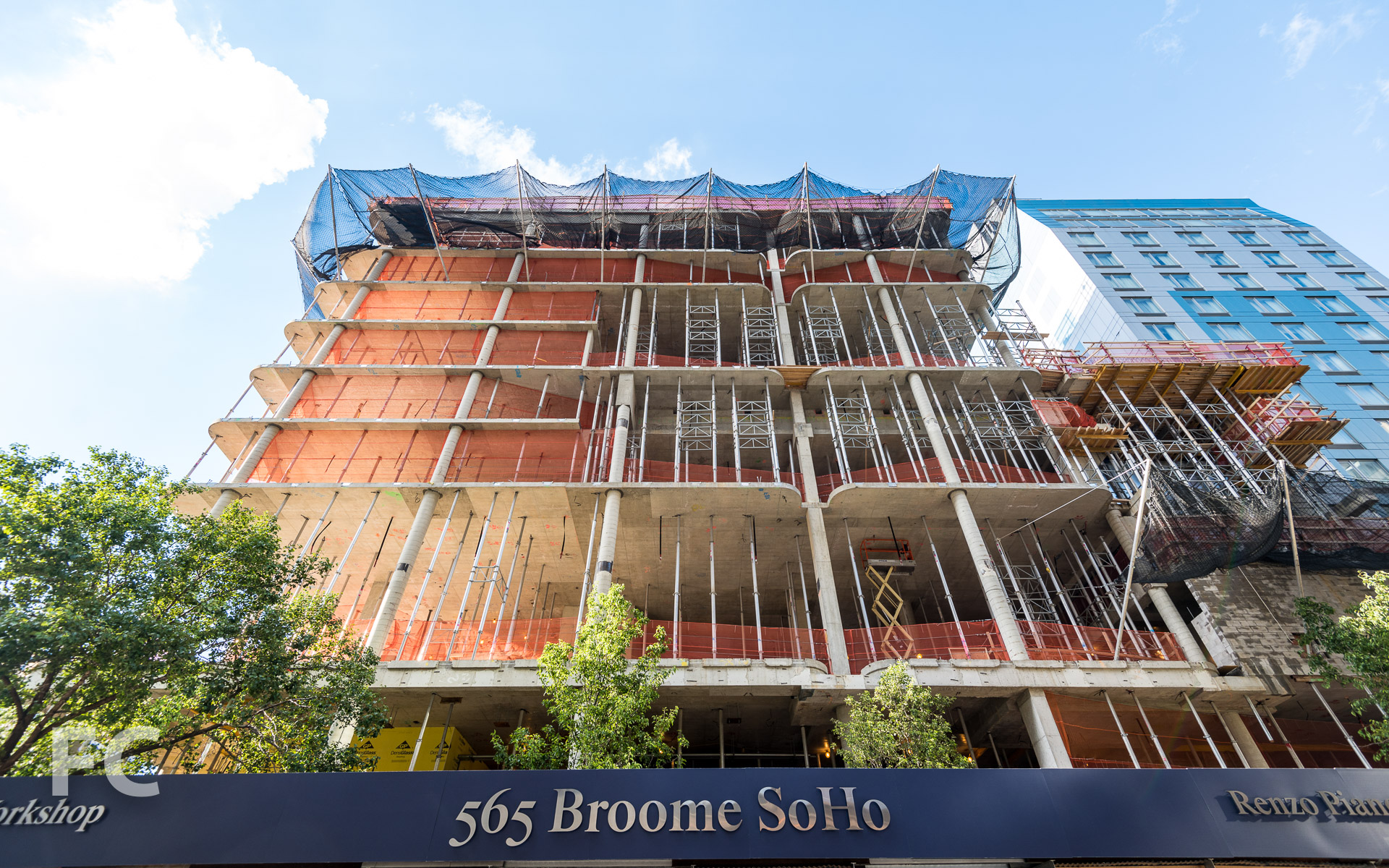 Looking up at the south façade from Watts Street.