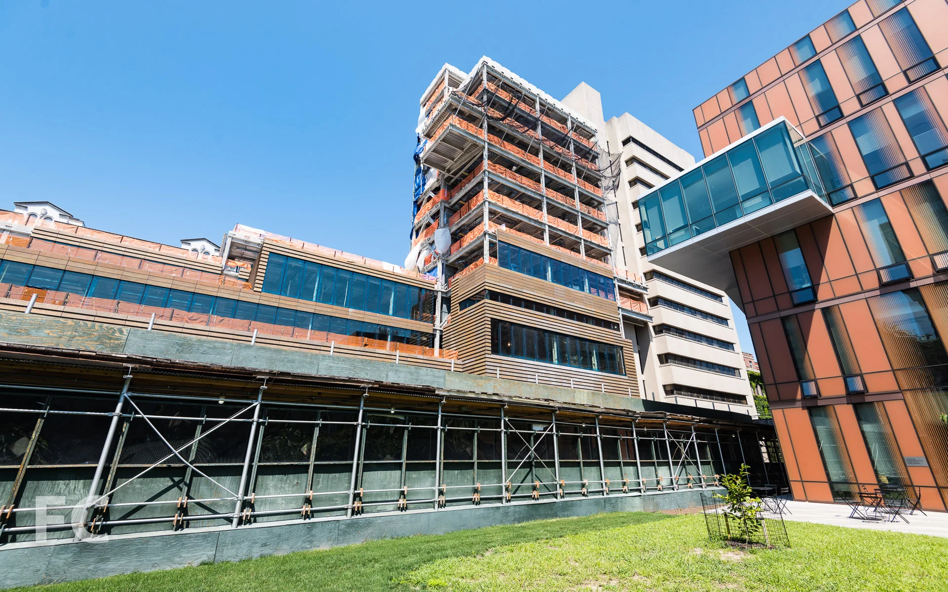 Southeast corner of The Milstein Center (center) and The Diana Center (right) from Lehman Lawn.