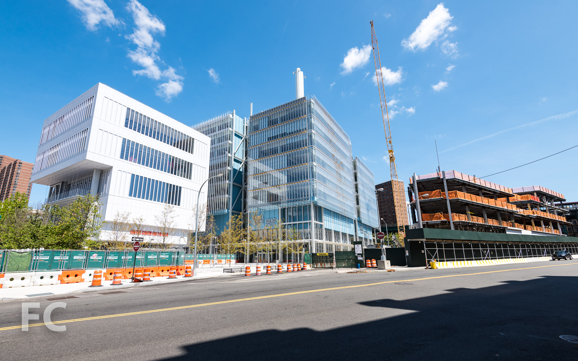 Looking northeast towards the Center for the Arts (left), the Science Center (center), and the Academic Conference Center (right).