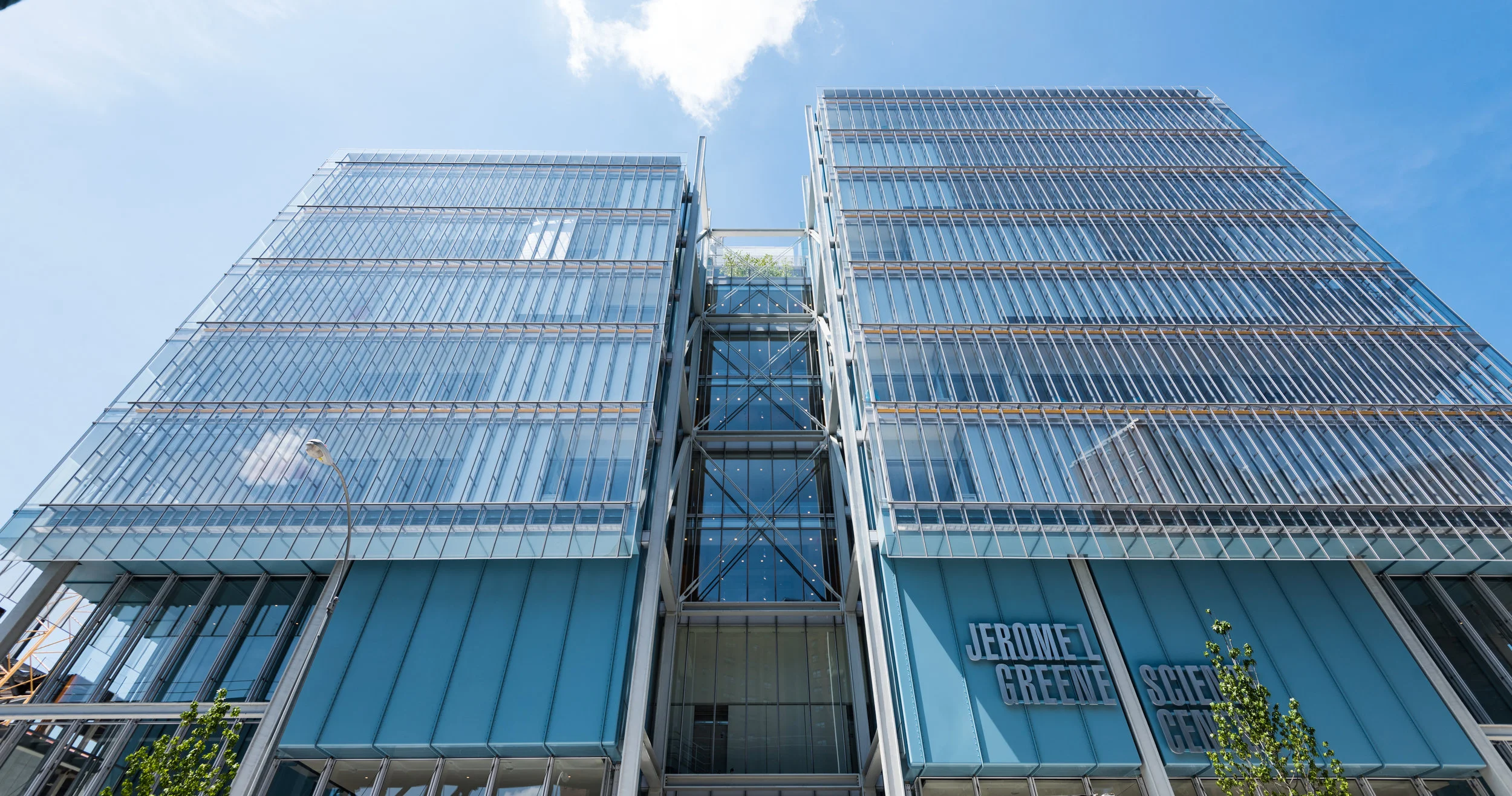 Looking up at the east facade of the Science Center from Broadway.