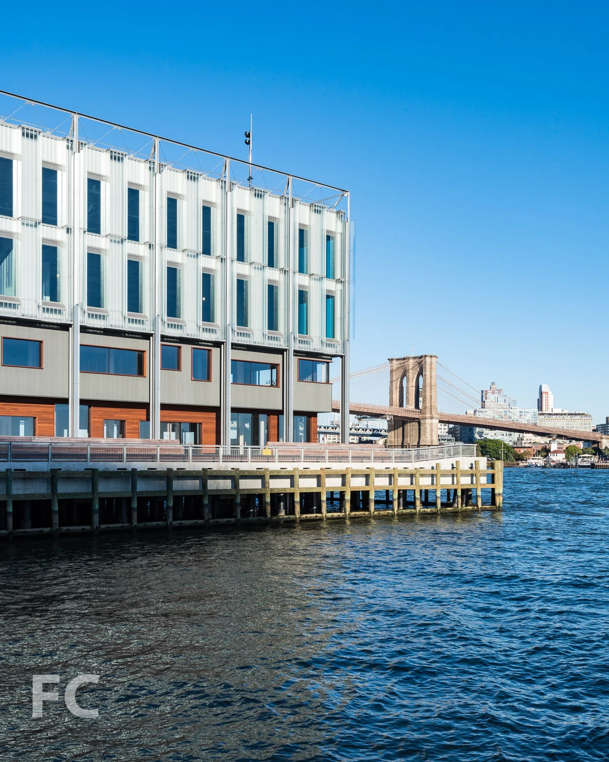 Southeast corner of Pier 17 with the Brooklyn Bridge in the background.