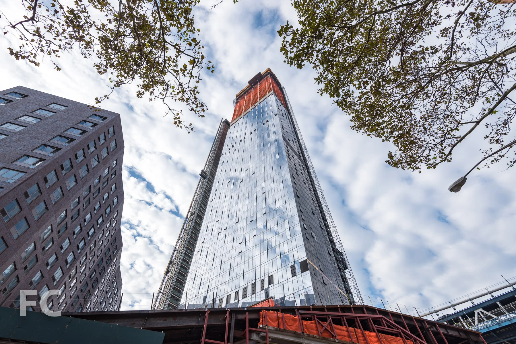 Looking up at the northeast corner of the tower from Cherry Street.