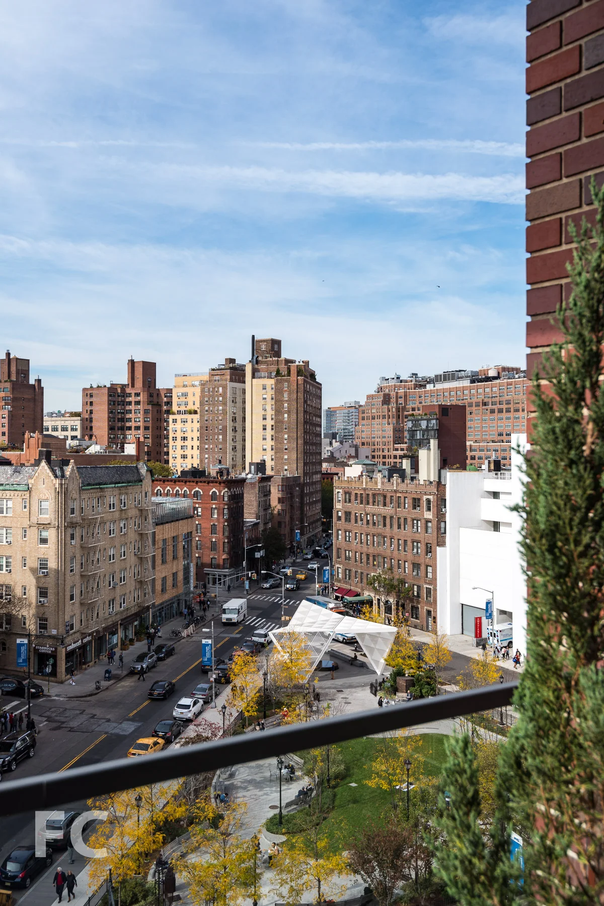 View of St. Vincent's Triangle Park and the New York City AIDS Memorial from a terrace.