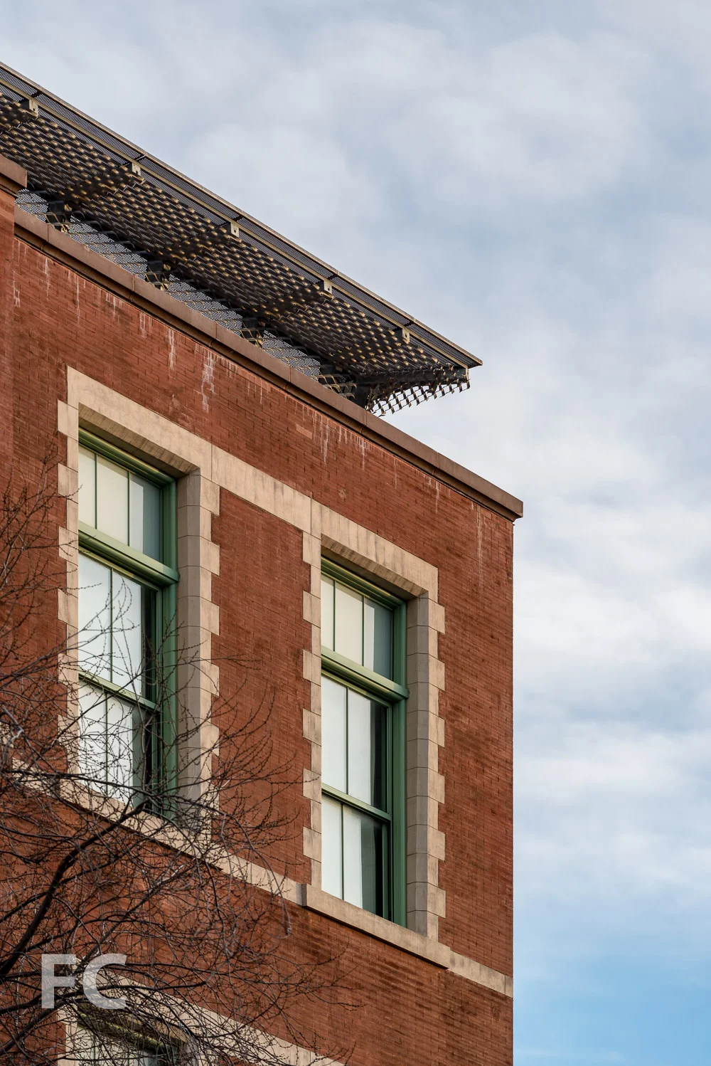 Close-up of the southwest corner of the existing school building.