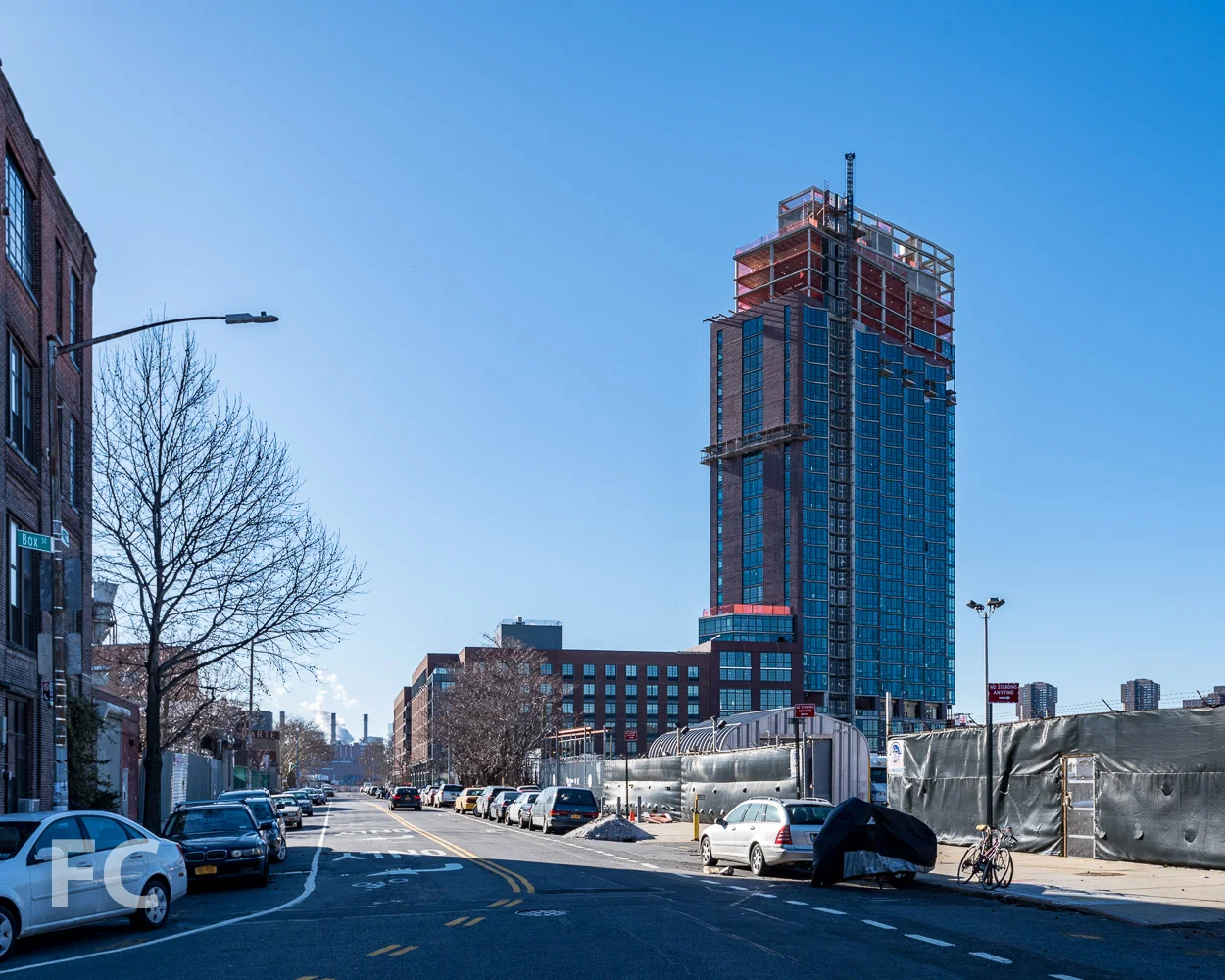 Looking southwest on Commercial Street towards 7 Bell Slip (center) and 37 Blue Slip (right).