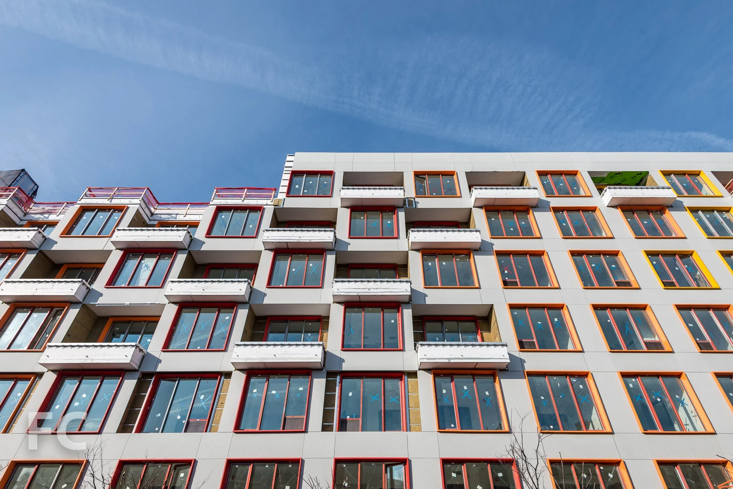 Looking up at the south facade from Forrest Street.