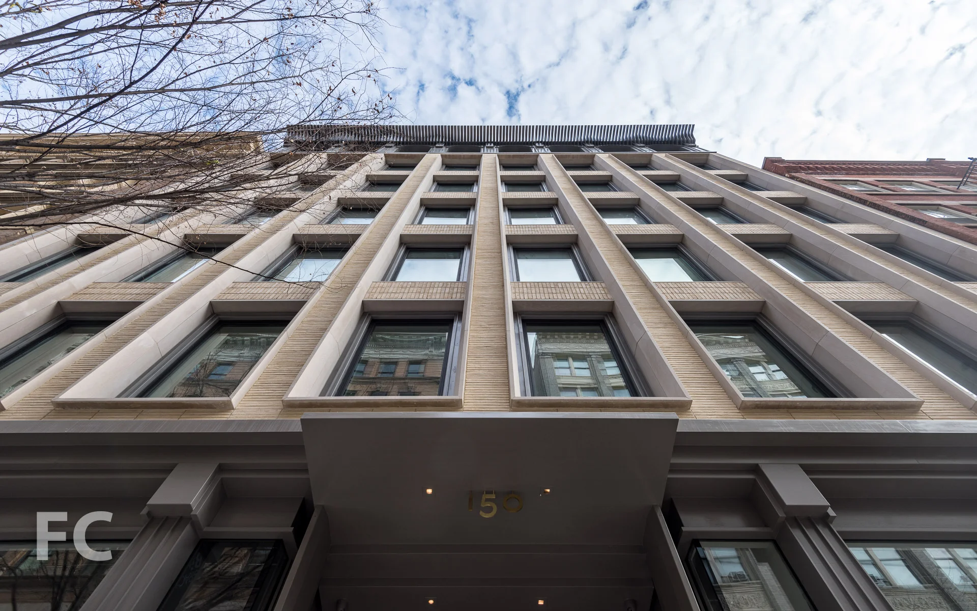 Looking up at the west facade.