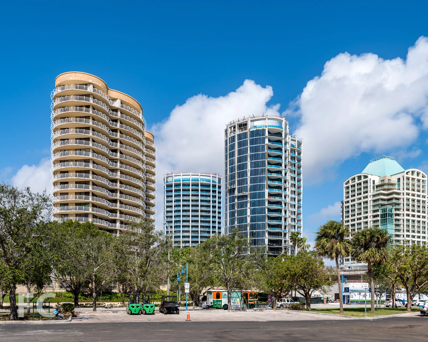 South facade of the Park Grove Club Residences (center) and Two Park Grove (right).