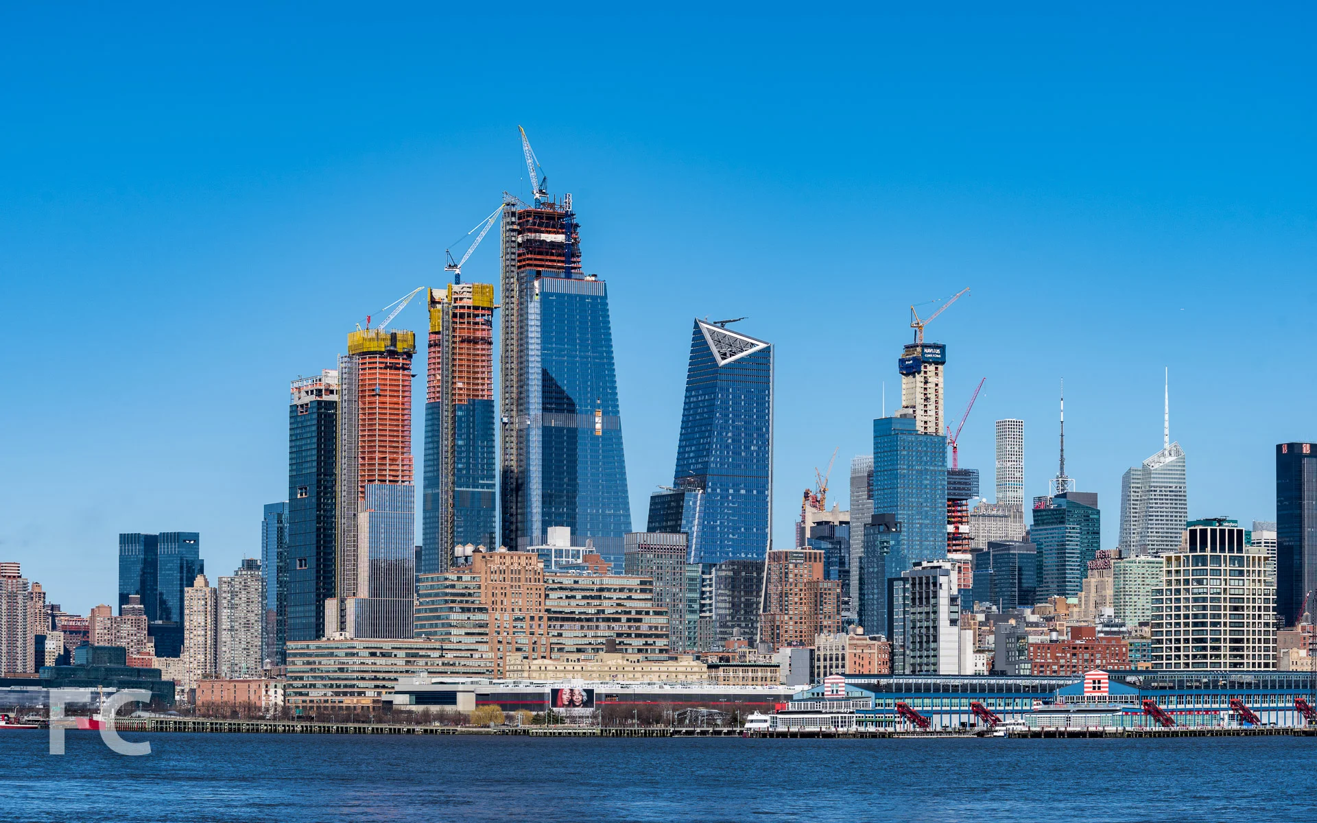 Hudson Yards rising on the Hudson River waterfront.