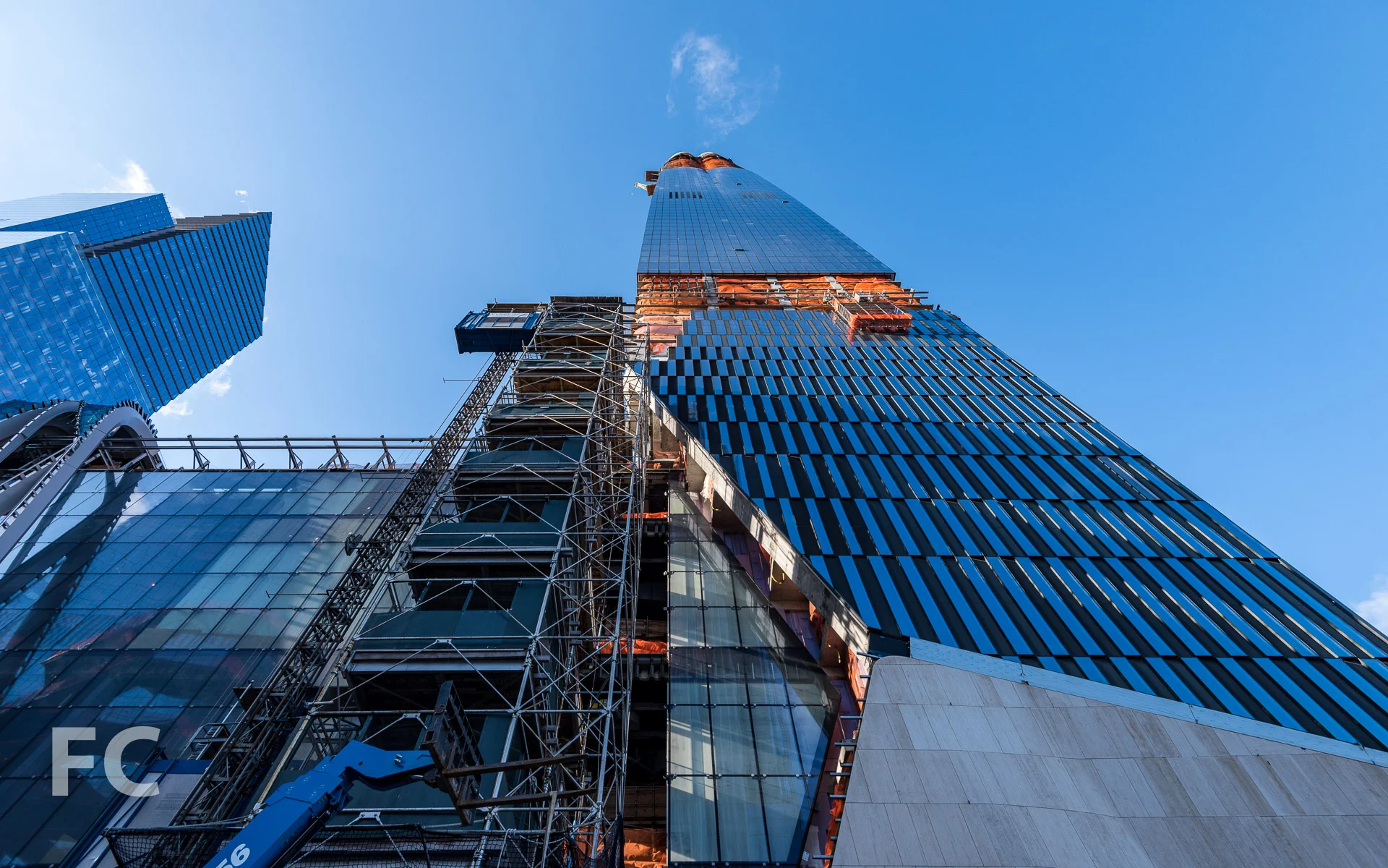 Looking up at the north facade of 15 Hudson Yards.