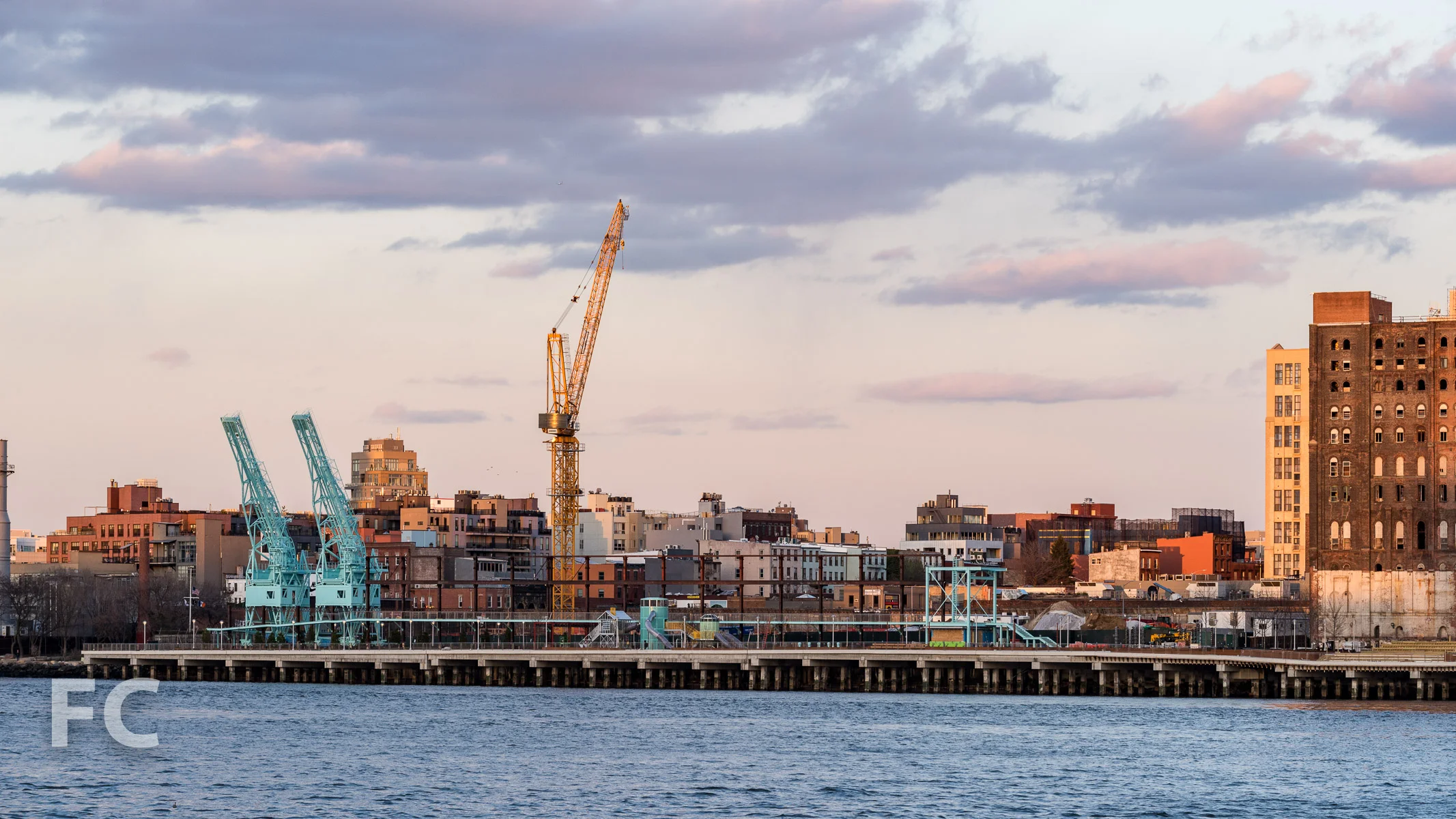 Northern half of the Domino Sugar site with the crane for 260 Kent Avenue (center).