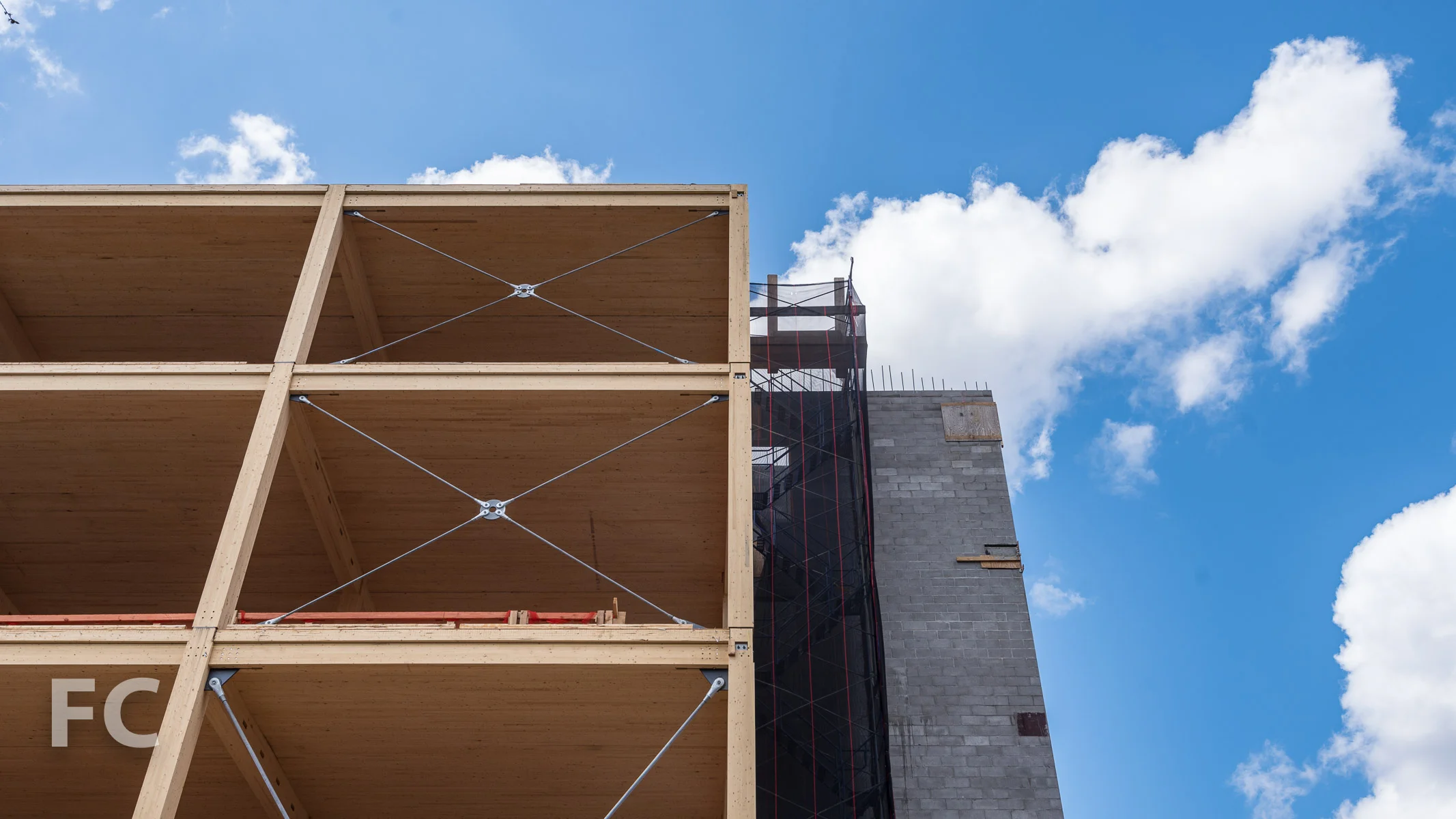 Looking up at the east facade.