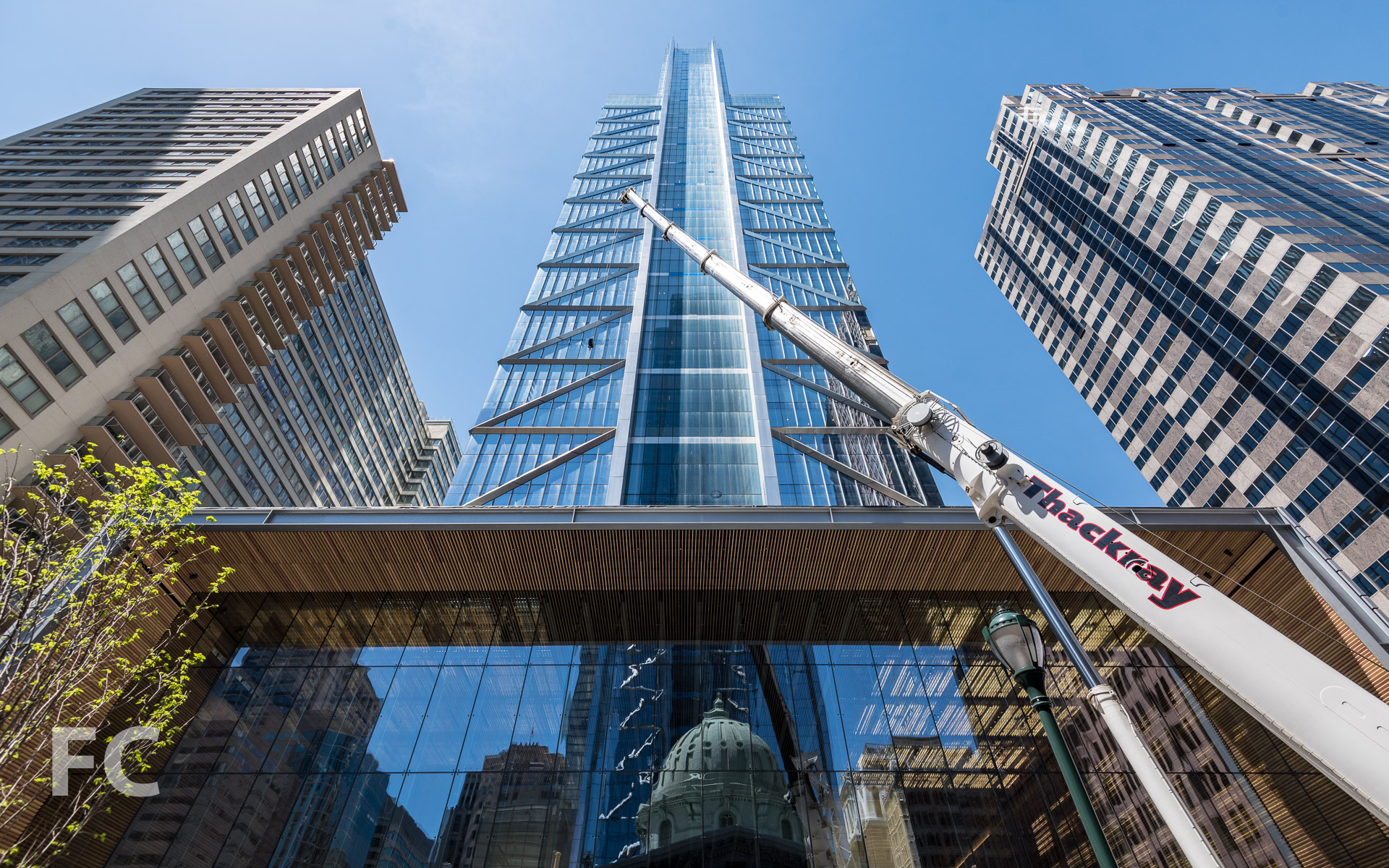 Looking up at the east facade from North 18th Street.