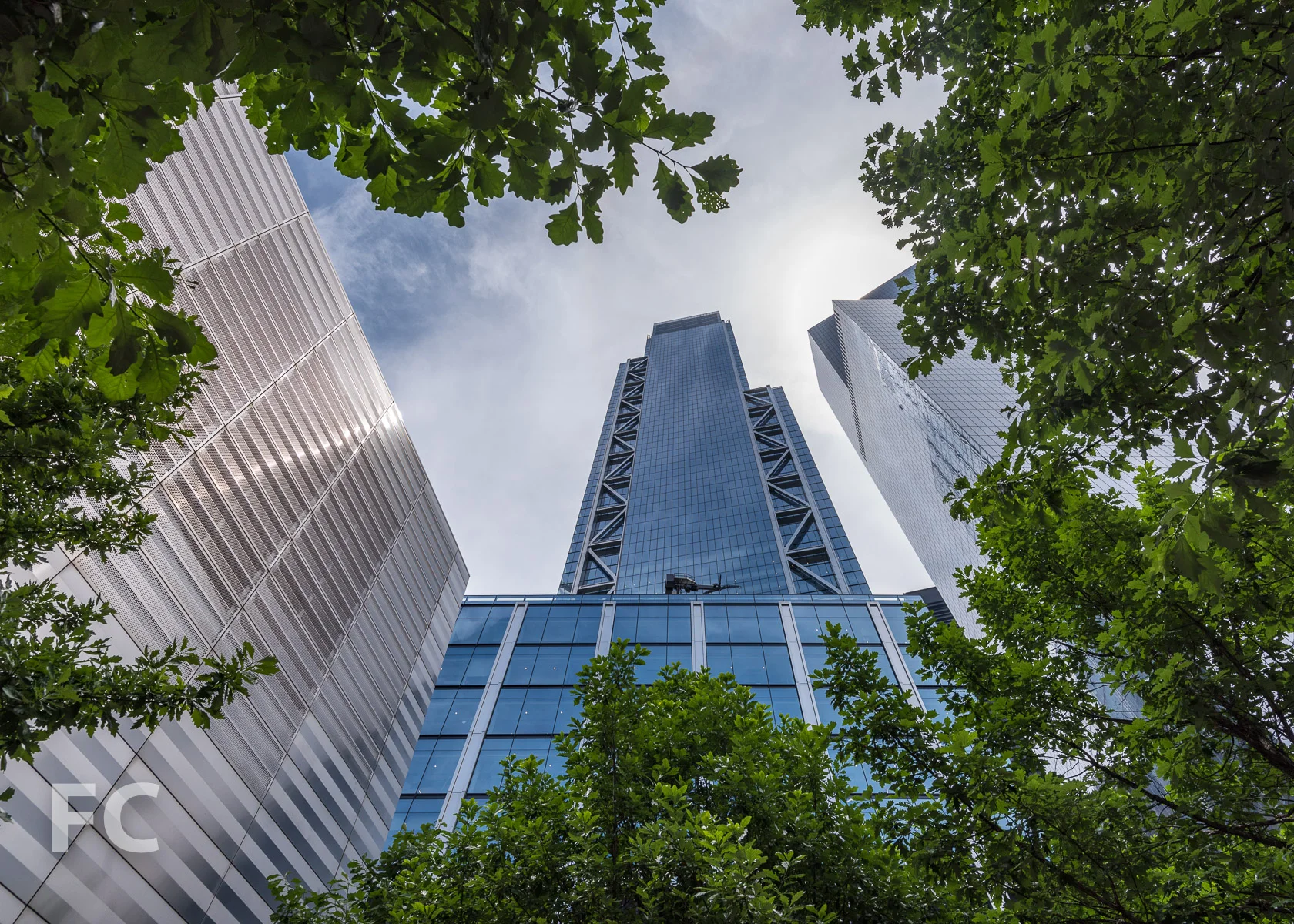 Looking up at the west facade.