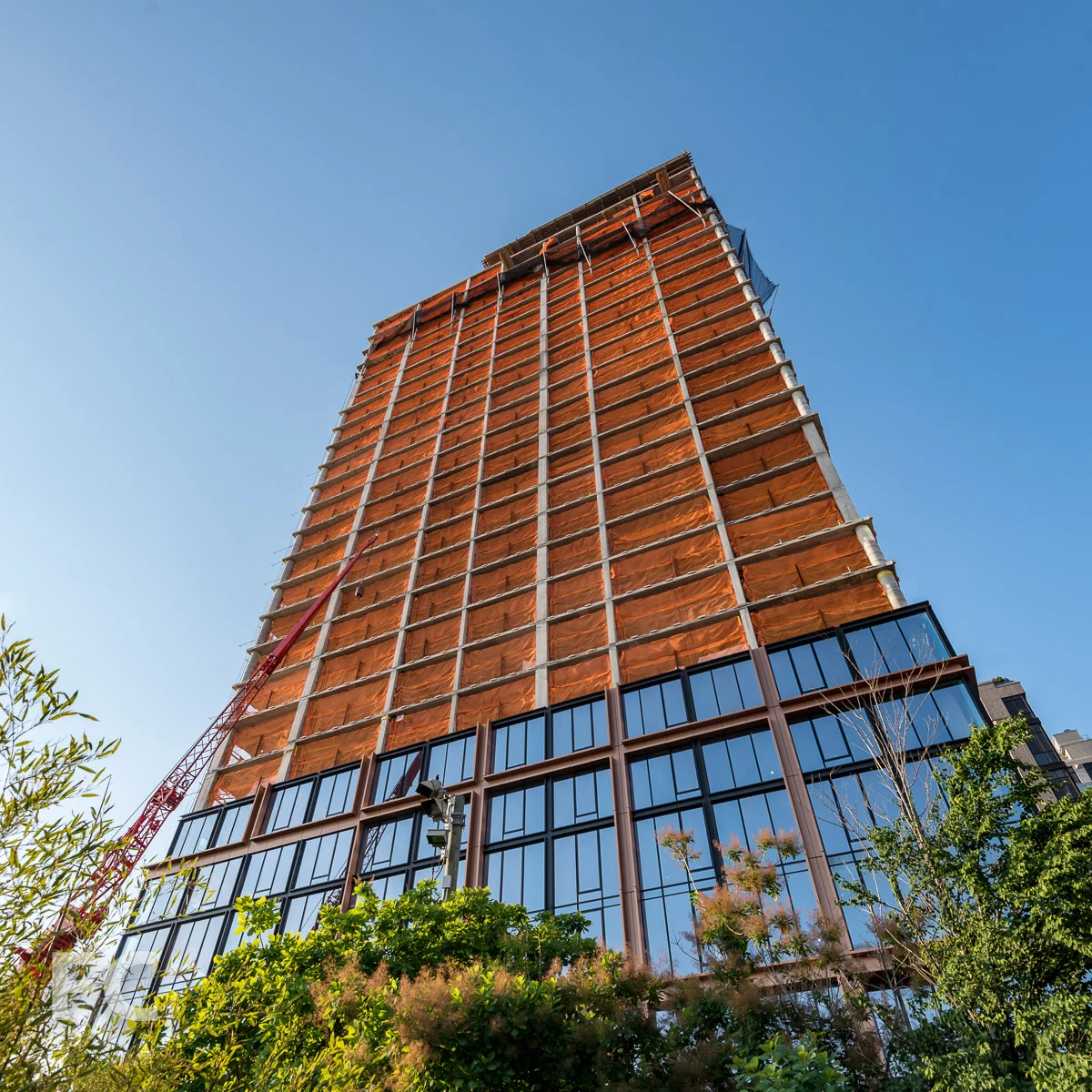 Looking up at the south facade of 50 Bridge Park Drive.
