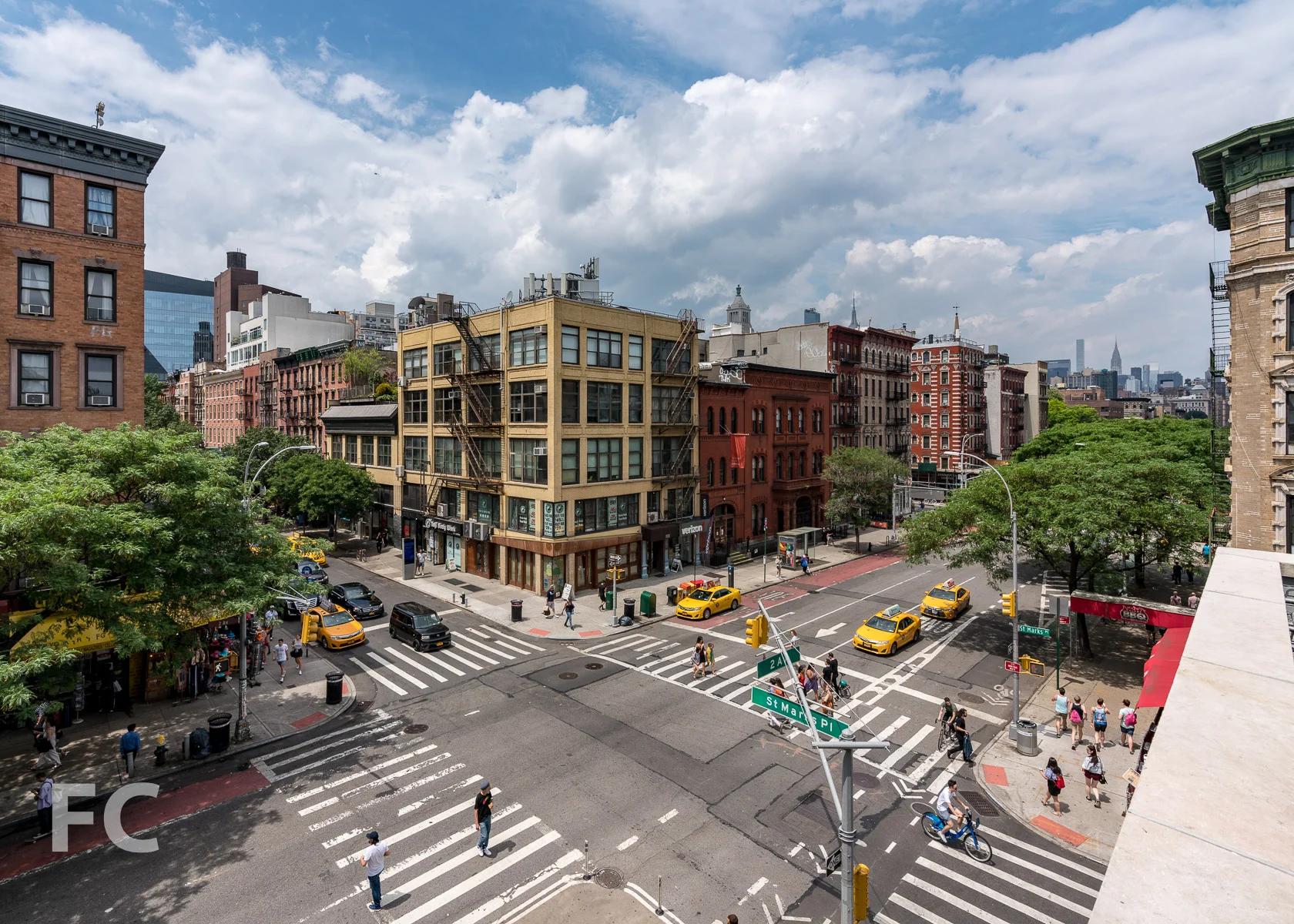 View of the corner of 2nd Avenue and St Marks Place from the rooftop space.
