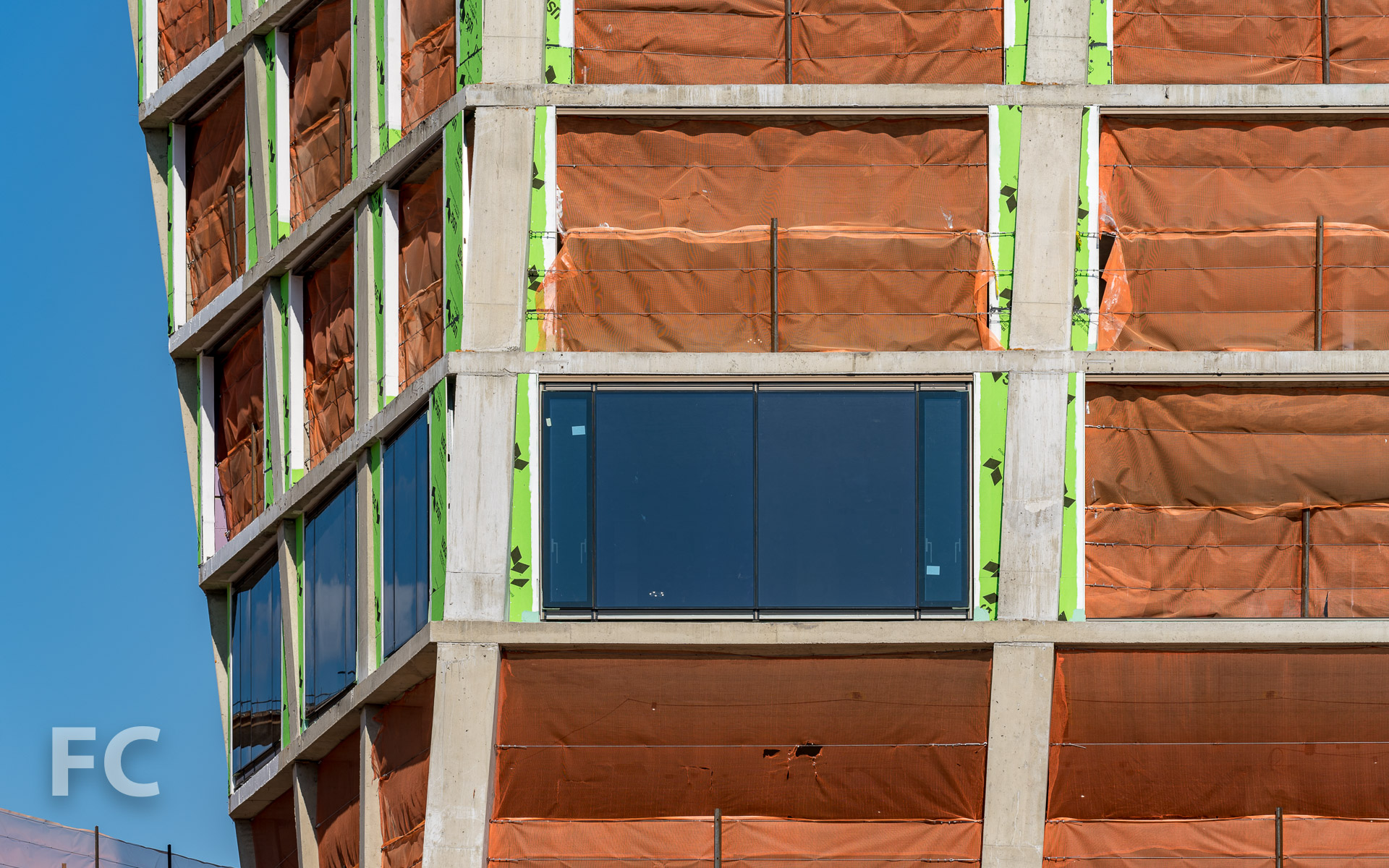 Close-up of windows installed at the west tower.