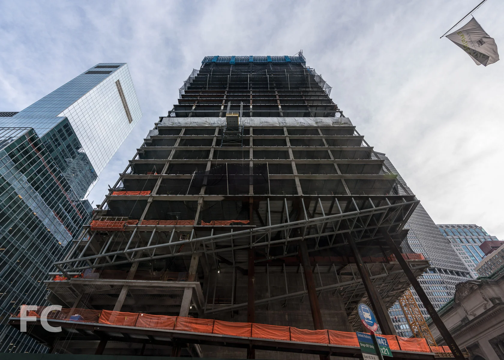 Looking up at the south facade from East 42nd Street.