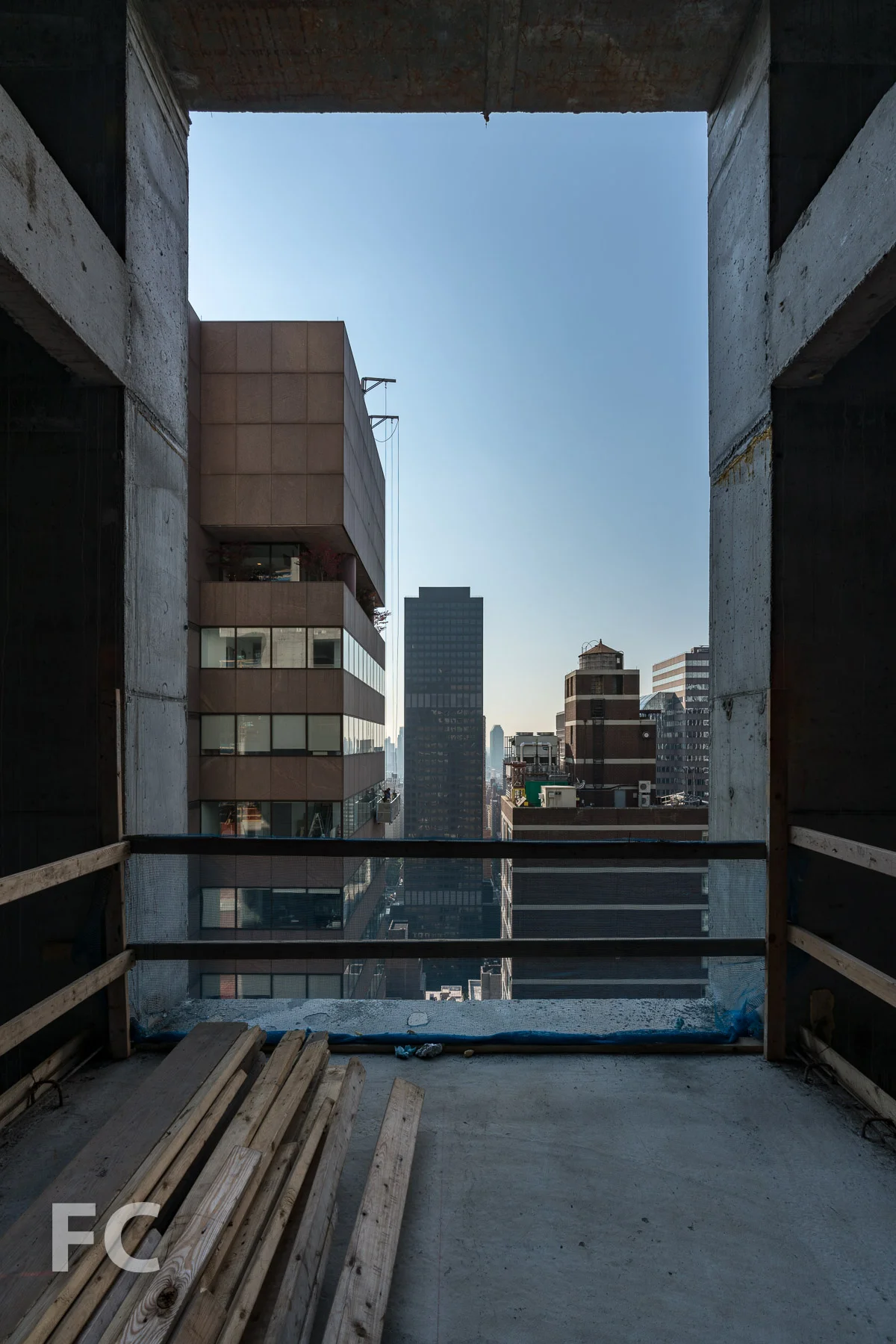 View east from a typical elevator lobby.
