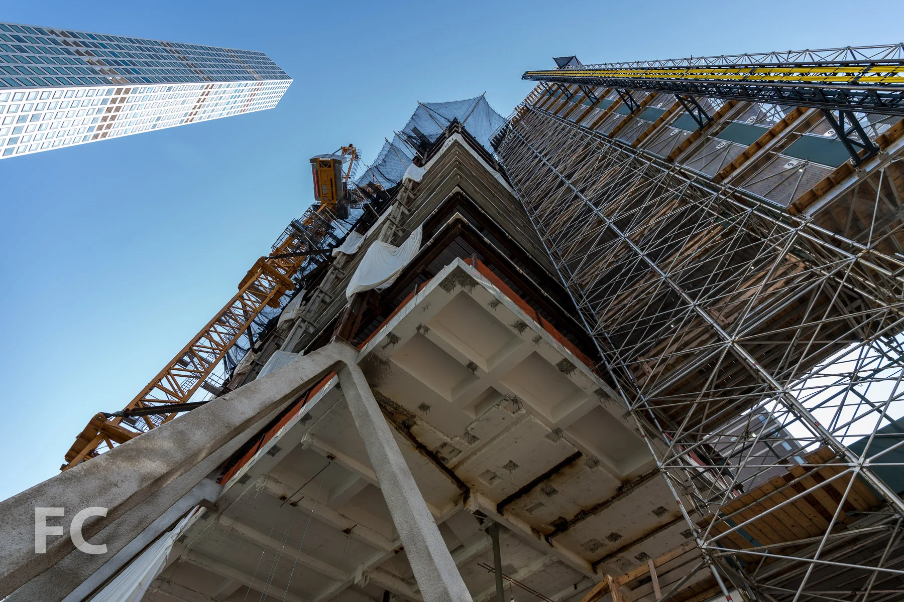 Looking up at the diagrid setback from the triple height space of floor 12.