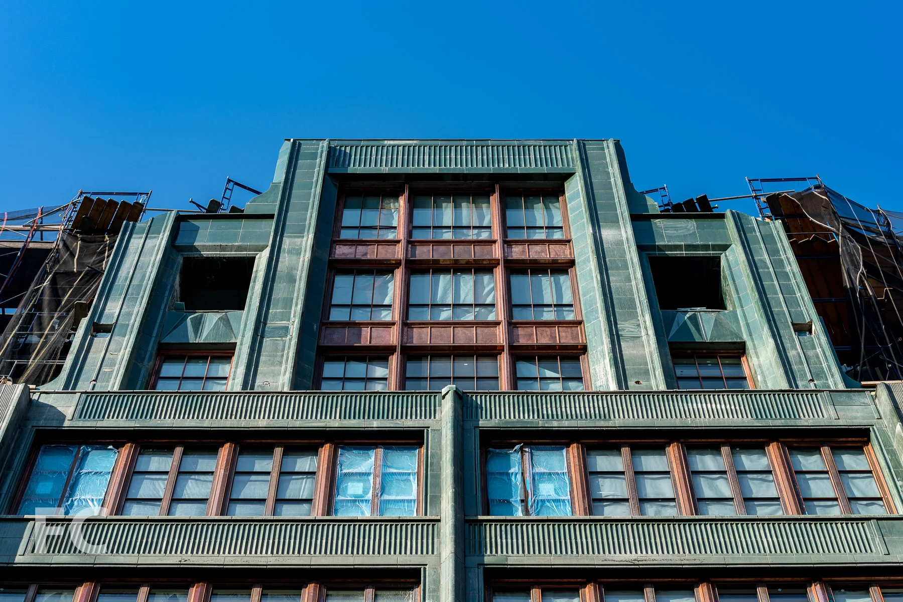 Looking up at the north facade.