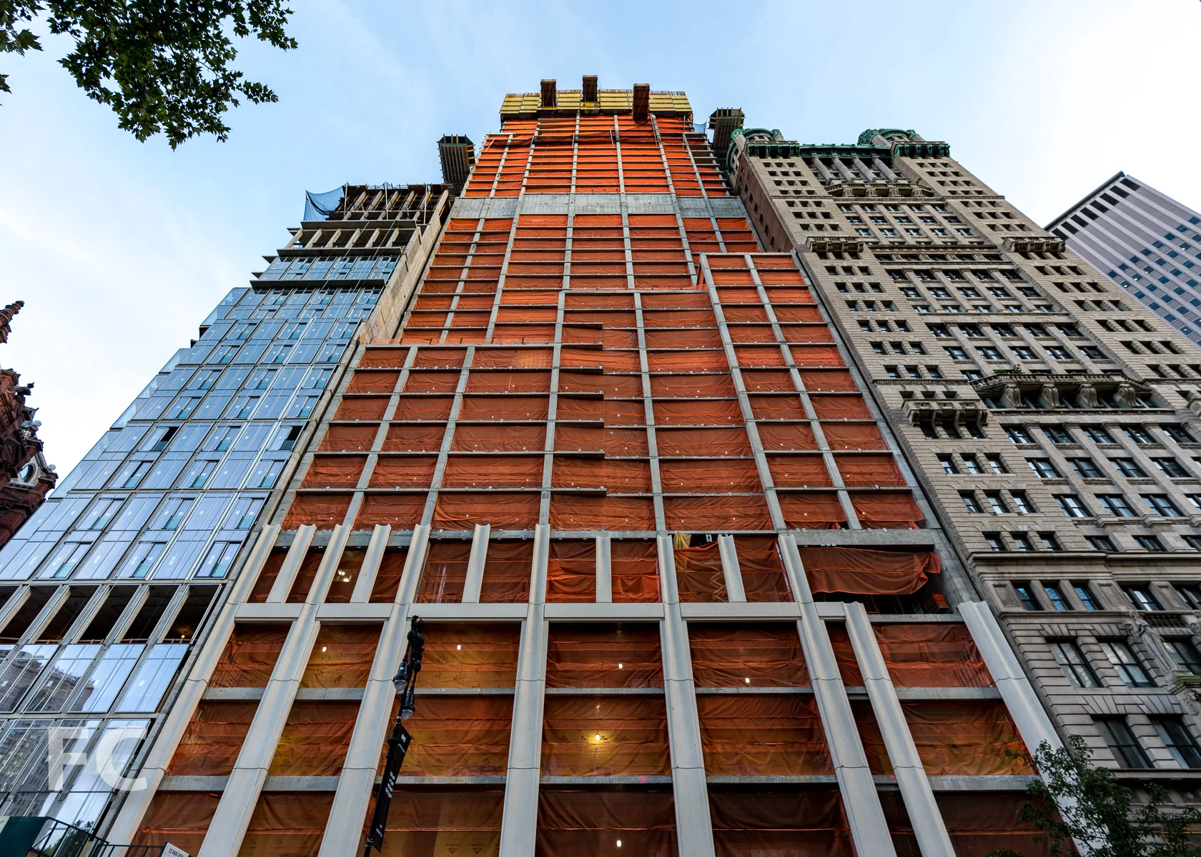Looking up at the north facade.