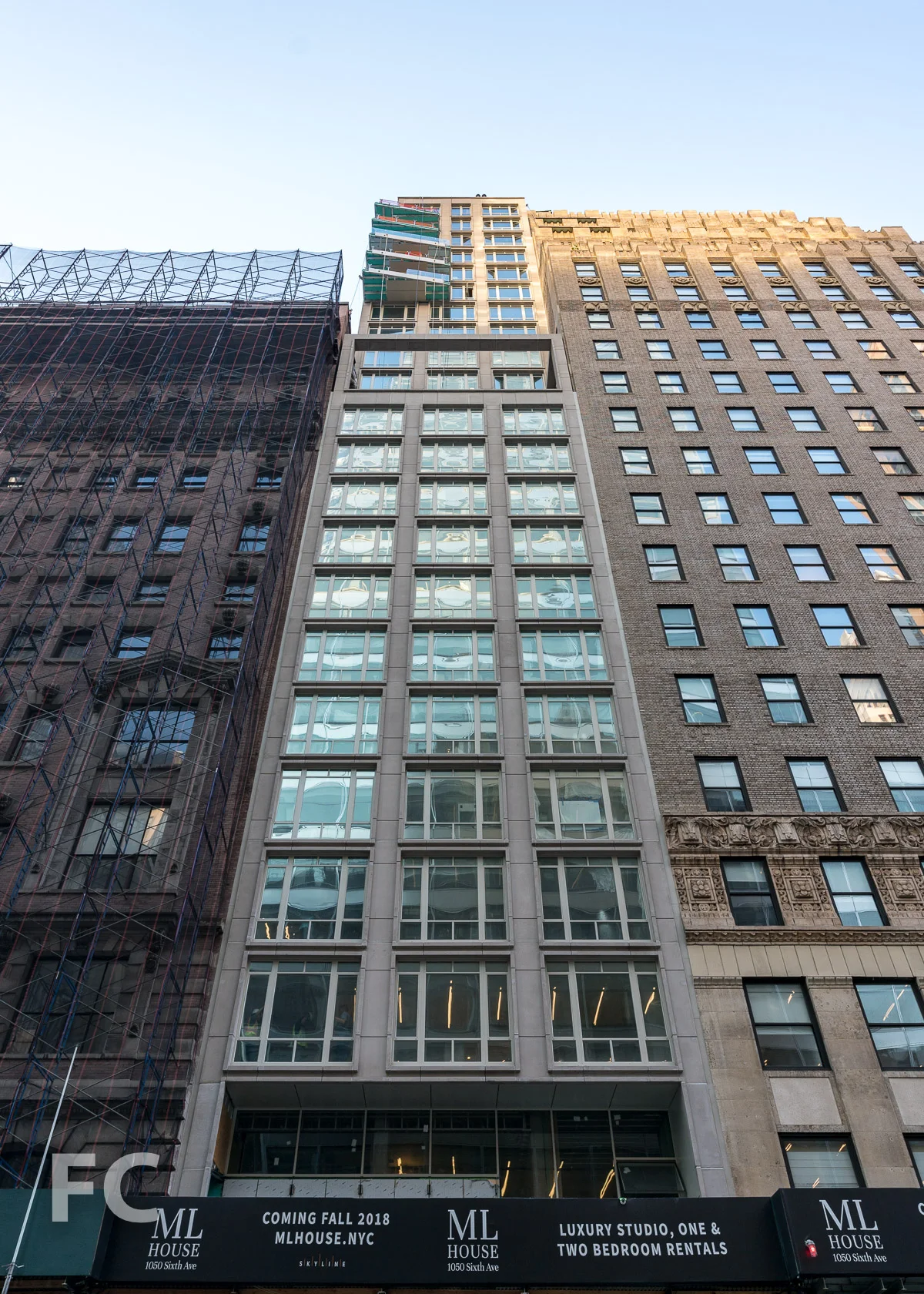 Looking up at the west facade.